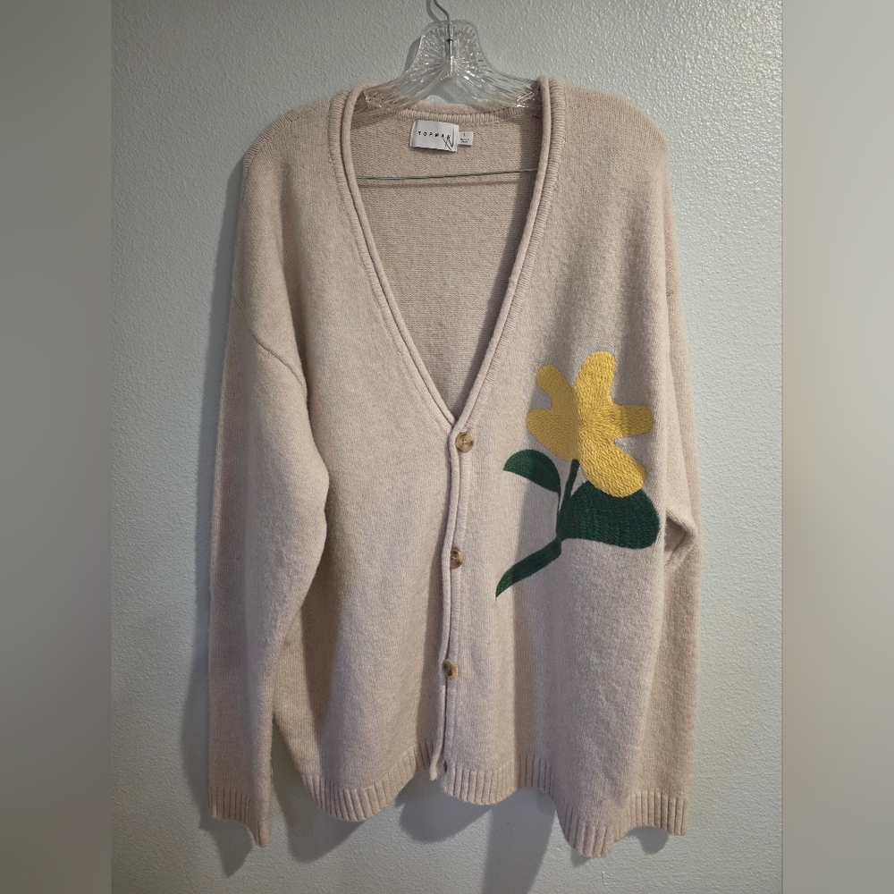 TOPMAN Cardigan in Ecru W/Flower Embroidery Beige L